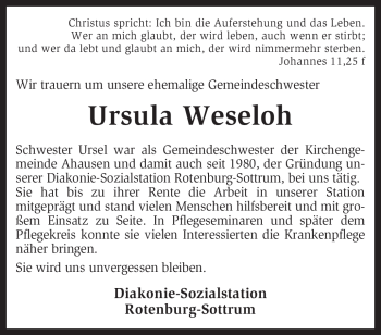 Traueranzeige von Ursula Weseloh von KREISZEITUNG SYKE