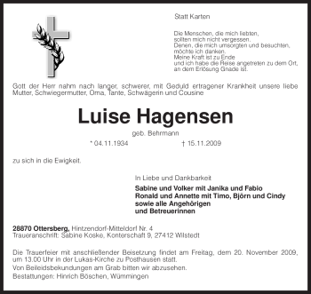 Traueranzeige von Luise Hagensen von KREISZEITUNG SYKE