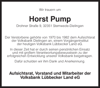 Traueranzeige von Horst Pump von KREISZEITUNG SYKE