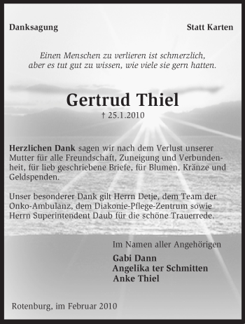 Traueranzeige von Gertrud Thiel von KREISZEITUNG SYKE