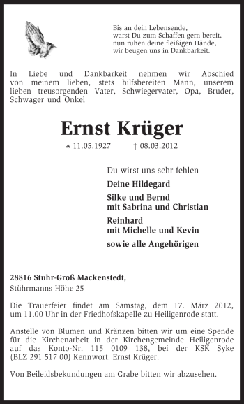 Traueranzeige von Ernst Krüger von KREISZEITUNG SYKE