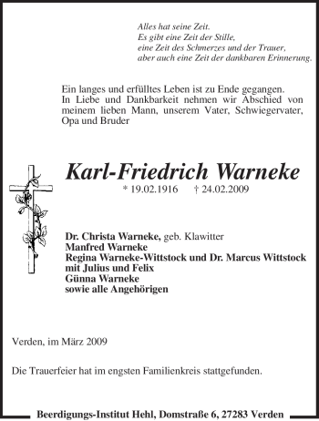 Traueranzeige von Karl-Friedrich Warneke von KREISZEITUNG SYKE