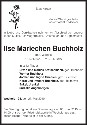 Traueranzeige von Ilse Mariechen Buchholz von KREISZEITUNG SYKE