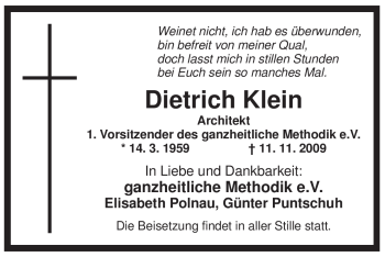 Traueranzeige von Dietrich Klein von KREISZEITUNG SYKE