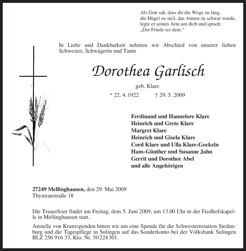  Traueranzeige für Dorothea Garlisch vom 02.06.2009 aus KREISZEITUNG SYKE