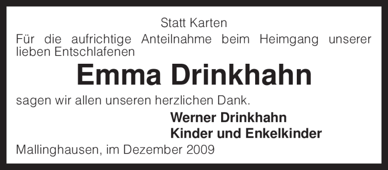  Traueranzeige für Emma Drinkhahn vom 30.12.2009 aus KREISZEITUNG SYKE