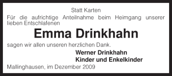 Traueranzeige von Emma Drinkhahn von KREISZEITUNG SYKE