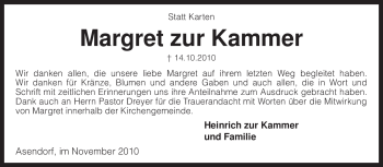 Traueranzeige von Margret zur Kammer von KREISZEITUNG SYKE