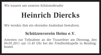 Traueranzeige von Heinrich Diercks von KREISZEITUNG SYKE