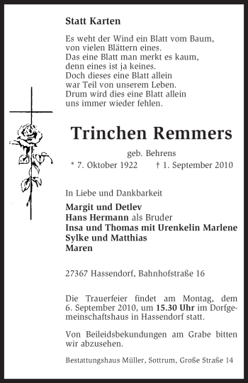 Traueranzeige von Trinchen Remmers von KREISZEITUNG SYKE