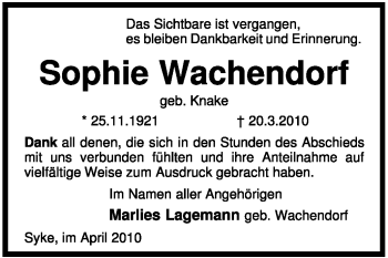 Traueranzeige von Sophie Wachendorf von KREISZEITUNG SYKE