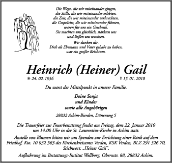 Traueranzeige von Heinrich Gail von KREISZEITUNG SYKE