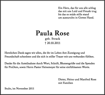 Traueranzeige von Paula Rose von KREISZEITUNG SYKE