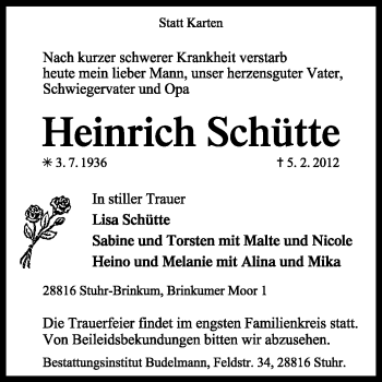 Traueranzeige von Heinrich Schütte von KREISZEITUNG SYKE