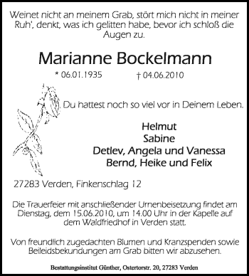 Traueranzeige von Marianne Bockelmann von KREISZEITUNG SYKE