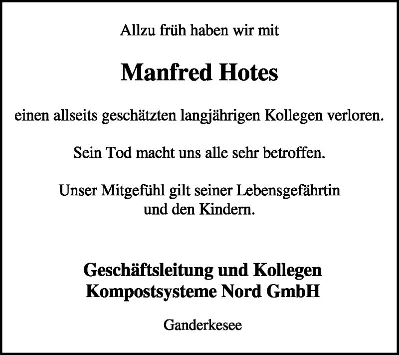  Traueranzeige für Manfred Hotes vom 15.08.2009 aus KREISZEITUNG SYKE