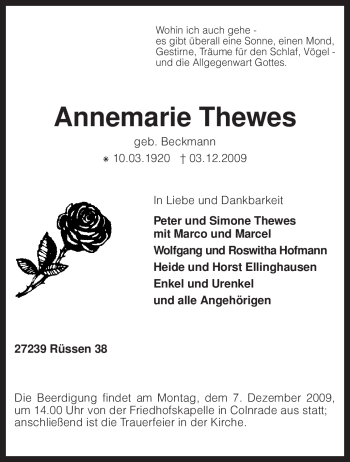 Traueranzeige von Annemarie Thewes von KREISZEITUNG SYKE