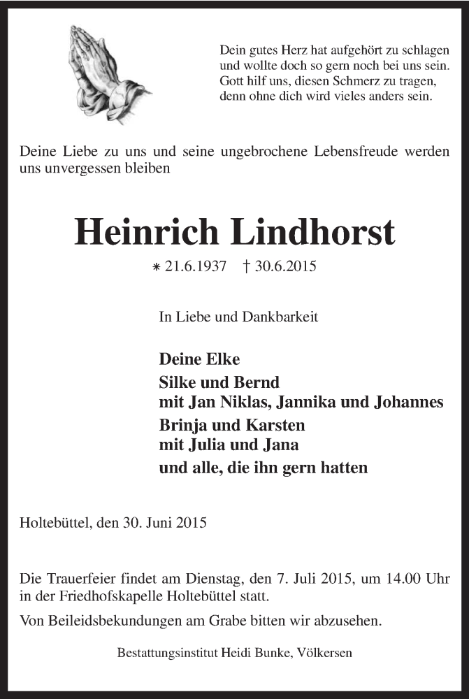  Traueranzeige für Heinrich Lindhorst vom 02.07.2015 aus KRZ