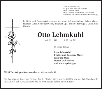 Traueranzeige von Otto Lehmkuhl von KREISZEITUNG SYKE