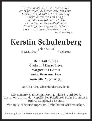 Traueranzeige von Kerstin Schulenberg von KRZ