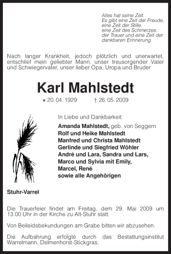 Traueranzeige von Karl Mahlstedt von KREISZEITUNG SYKE