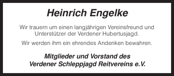 Traueranzeige von Heinrich Engelke von KREISZEITUNG SYKE