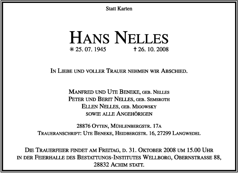  Traueranzeige für Hans Nelles vom 29.10.2008 aus KREISZEITUNG SYKE