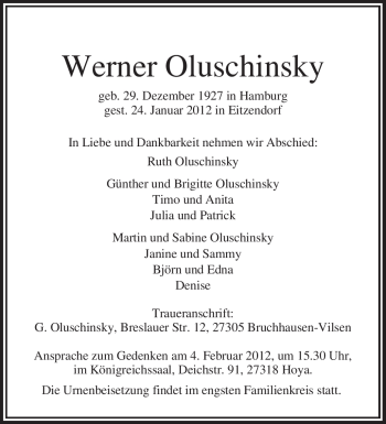 Traueranzeige von Werner Oluschinsky von KREISZEITUNG SYKE