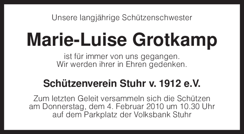  Traueranzeige für Marie-Luise Grotkamp vom 30.01.2010 aus KREISZEITUNG SYKE
