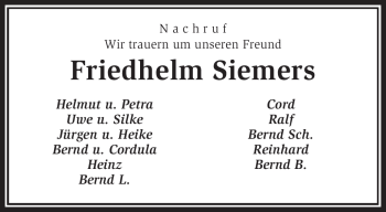 Traueranzeige von Friedhelm Siemers von KREISZEITUNG SYKE