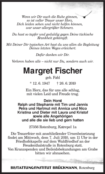 Traueranzeige von Margret Fischer von KREISZEITUNG SYKE