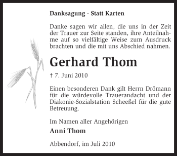 Traueranzeige von Gerhard Thom von KREISZEITUNG SYKE