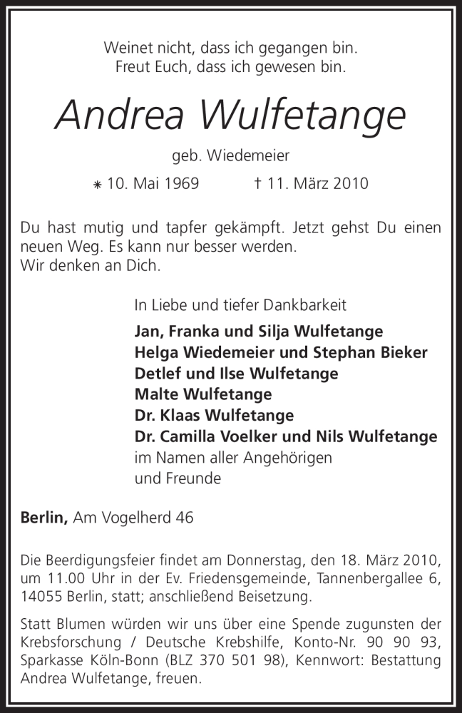  Traueranzeige für Andrea Wulfetange vom 17.03.2010 aus KREISZEITUNG SYKE