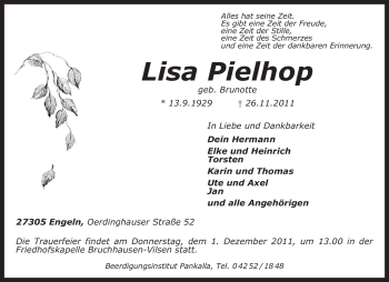 Traueranzeige von Lisa Pielhop von KREISZEITUNG SYKE