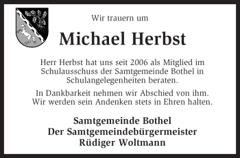 Traueranzeige von Michael Herbst von KREISZEITUNG SYKE
