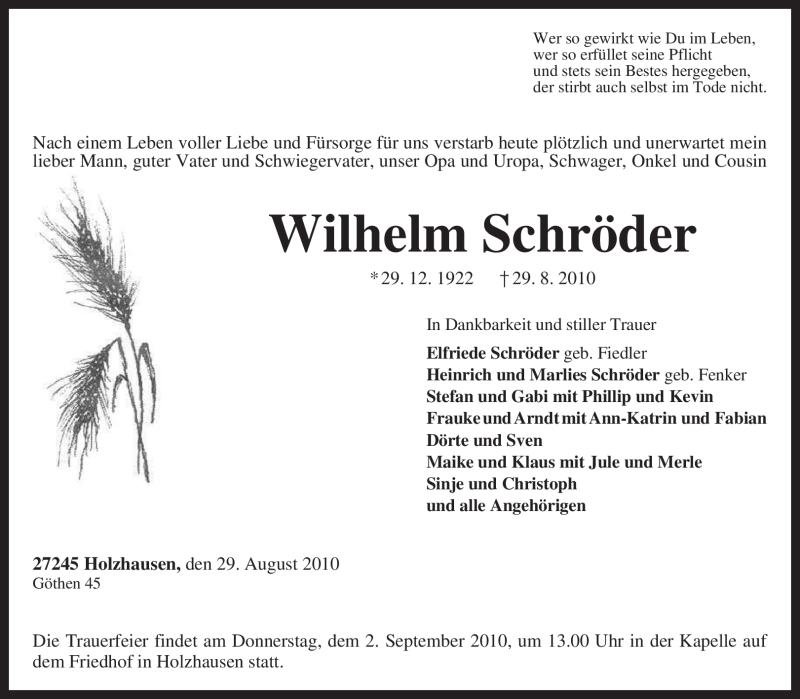  Traueranzeige für Wilhelm Schröder vom 31.08.2010 aus KREISZEITUNG SYKE