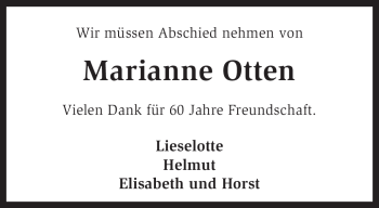 Traueranzeige von Marianne Otten von KREISZEITUNG SYKE