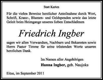 Traueranzeige von Friedrich Ingber von KREISZEITUNG SYKE