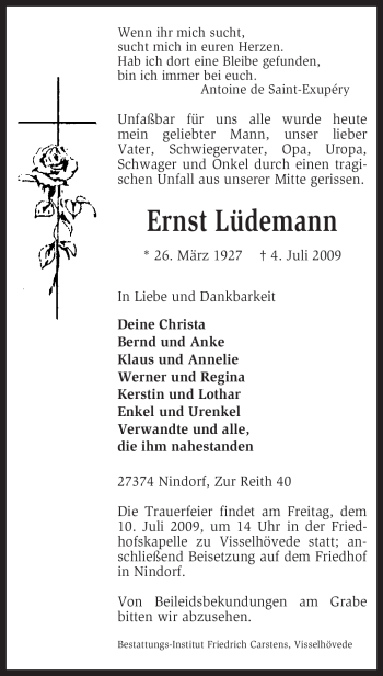 Traueranzeige von Ernst Lüdemann von KREISZEITUNG SYKE