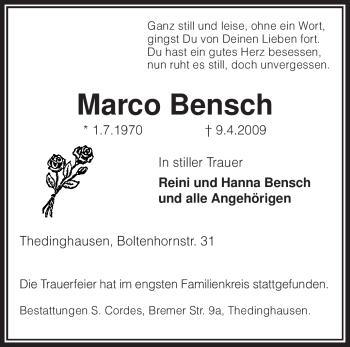 Traueranzeige von Marco Bensch von KREISZEITUNG SYKE