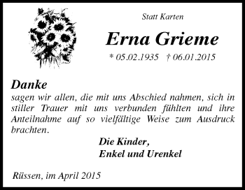 Traueranzeige von Erna Grieme von KRZ