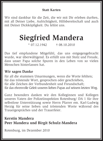 Traueranzeige von Siegfried Mandera von KREISZEITUNG SYKE