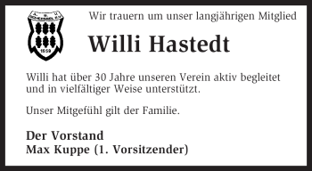 Traueranzeige von Willi Hastedt von KREISZEITUNG SYKE