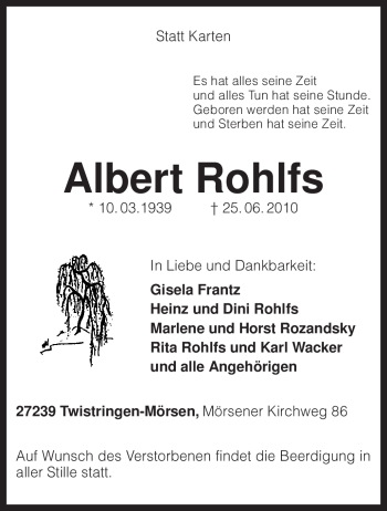 Traueranzeige von Albert Rohlfs von KREISZEITUNG SYKE