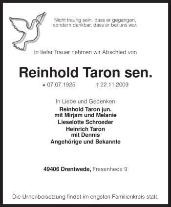 Traueranzeige von Reinhold Taron von KREISZEITUNG SYKE