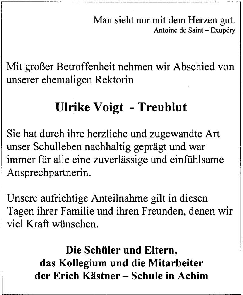  Traueranzeige für Ulrike Voigt-Treublut vom 09.12.2009 aus KREISZEITUNG SYKE