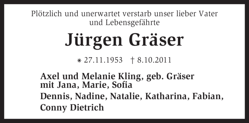  Traueranzeige für Jürgen Gräser vom 12.10.2011 aus KREISZEITUNG SYKE