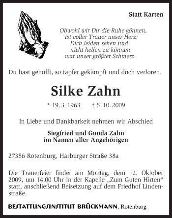 Traueranzeige von Silke Zahn von KREISZEITUNG SYKE