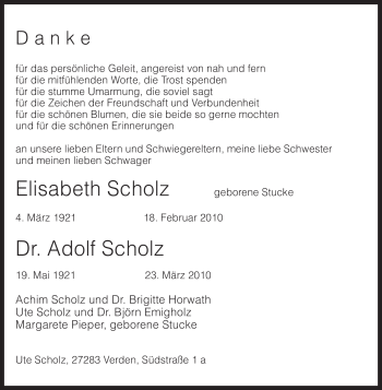 Traueranzeige von Elisabeth Scholz von KREISZEITUNG SYKE