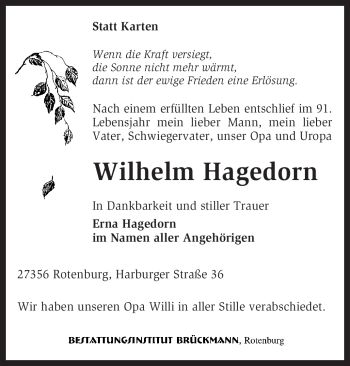 Traueranzeige von Wilhelm Hagedorn von KREISZEITUNG SYKE